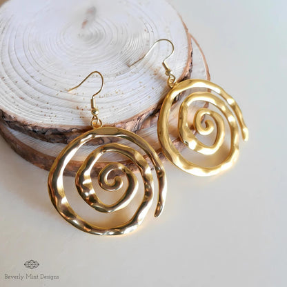 Gold Spiral Earrings, Handmade Hammered Statement Jewelry, Boho Chic Large Gold Earrings, Sensitive Ear & Clip-On Options