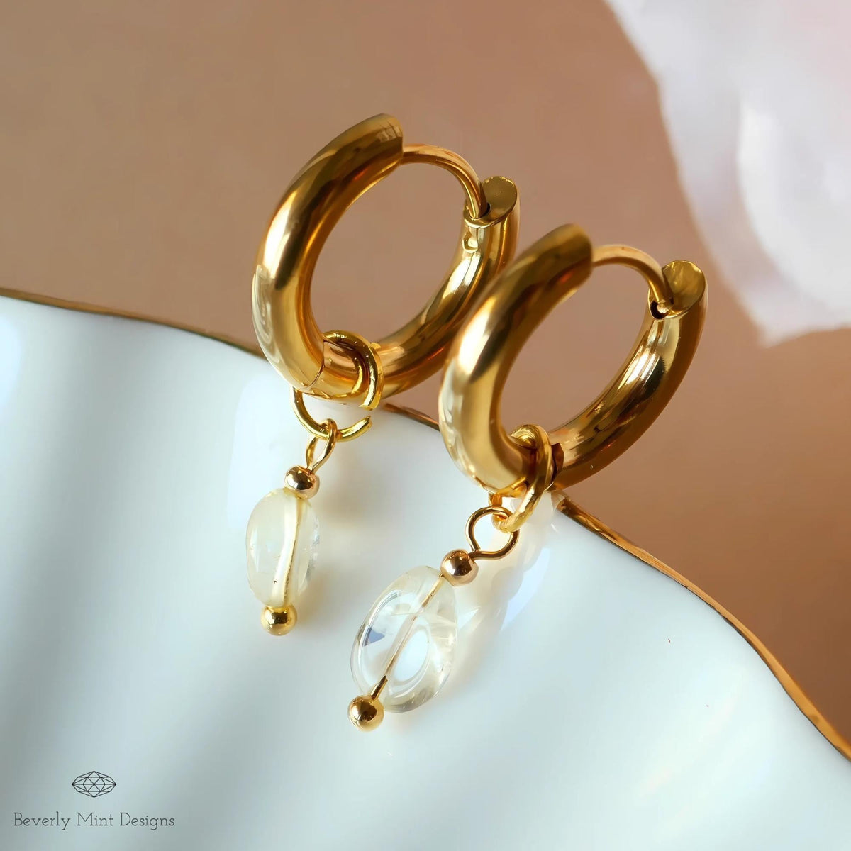 18K Gold Tiny Natural Stone Earrings, White Crystal Stone Earrings, Minimalist Dangle Earrings