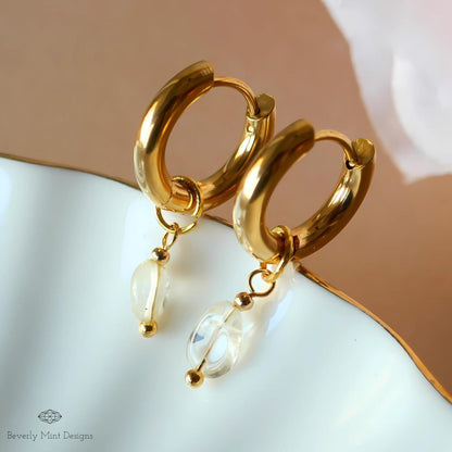 18K Gold Tiny Natural Stone Earrings, White Crystal Stone Earrings, Minimalist Dangle Earrings
