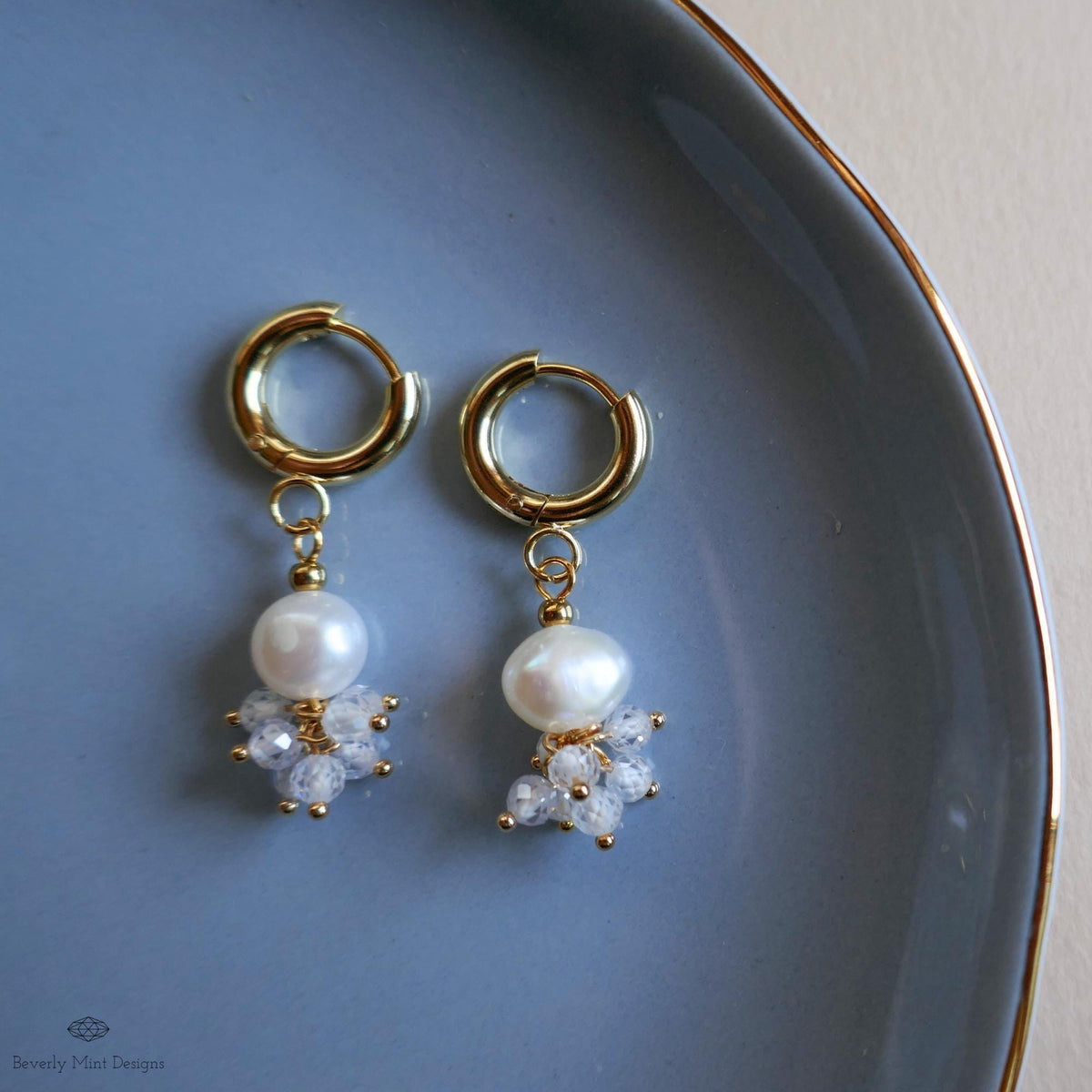 Gold Hoop Cluster Earrings, Pearl and Crystal Drop Earrings, Dainty Bridal Jewelry, Elegant Wedding Earrings, Minimalist