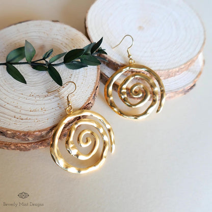 Gold Spiral Earrings, Handmade Hammered Statement Jewelry, Boho Chic Large Gold Earrings, Sensitive Ear & Clip-On Options