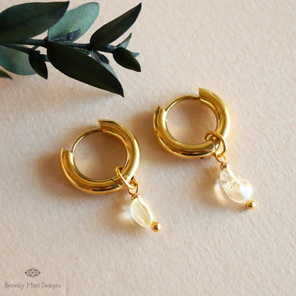 18K Gold Tiny Natural Stone Earrings, White Crystal Stone Earrings, Minimalist Dangle Earrings