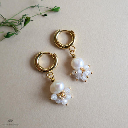 Gold Hoop Cluster Earrings, Pearl and Crystal Drop Earrings, Dainty Bridal Jewelry, Elegant Wedding Earrings, Minimalist