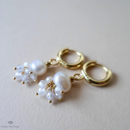 Gold Hoop Cluster Earrings, Pearl and Crystal Drop Earrings, Dainty Bridal Jewelry, Elegant Wedding Earrings, Minimalist
