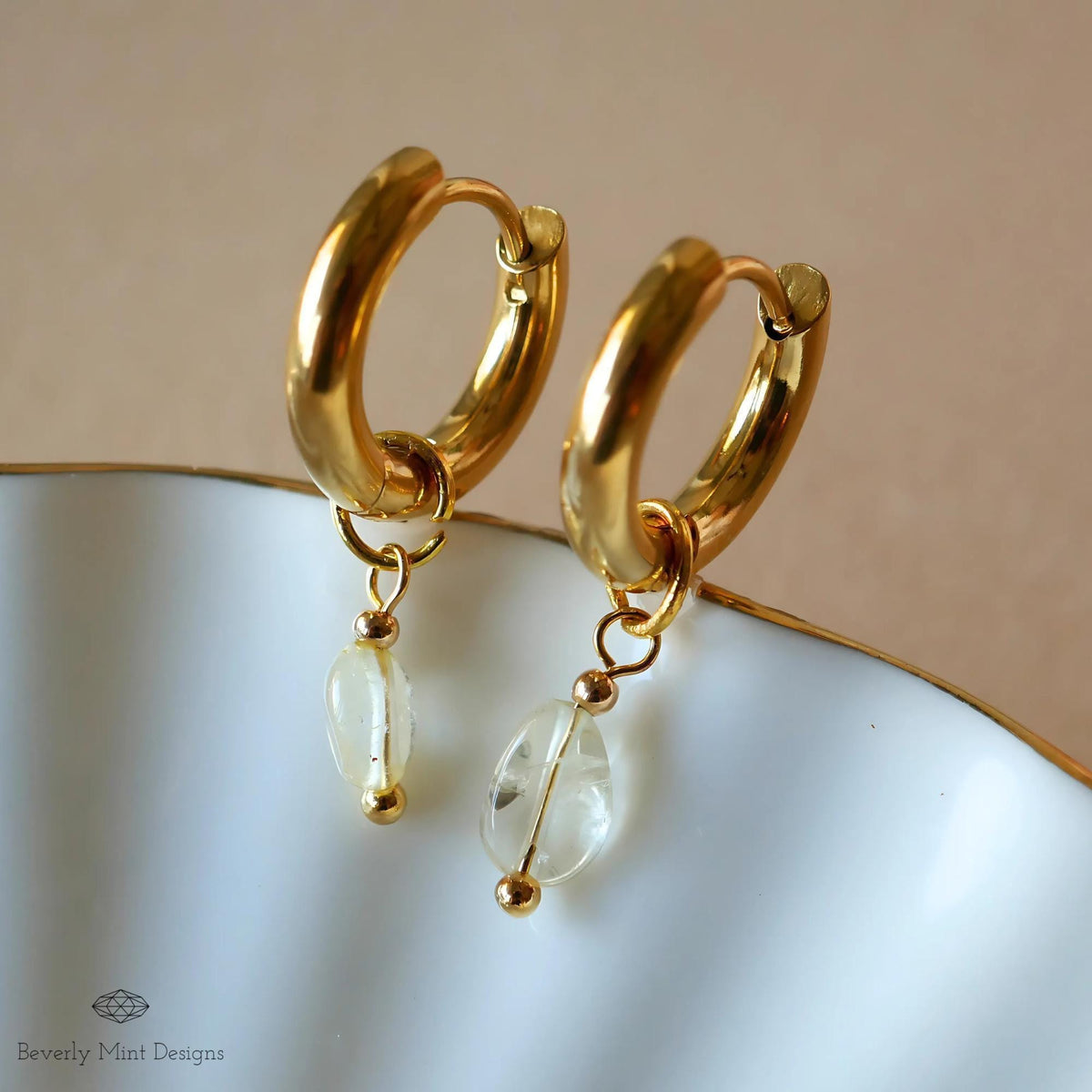 18K Gold Tiny Natural Stone Earrings, White Crystal Stone Earrings, Minimalist Dangle Earrings