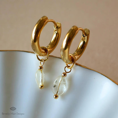 18K Gold Tiny Natural Stone Earrings, White Crystal Stone Earrings, Minimalist Dangle Earrings