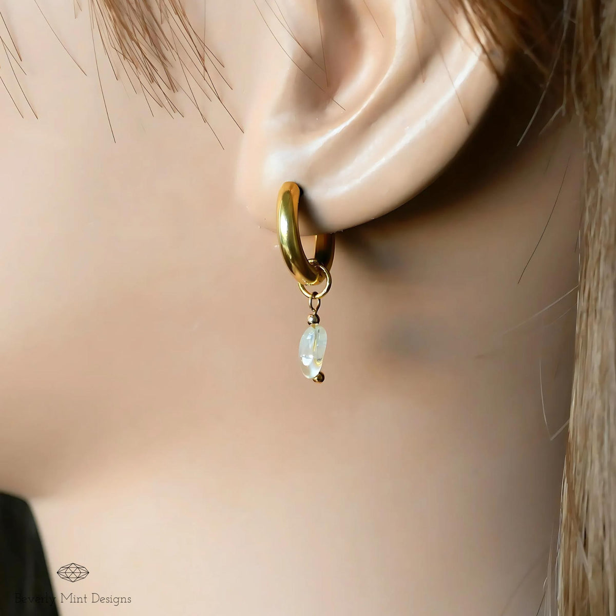18K Gold Tiny Natural Stone Earrings, White Crystal Stone Earrings, Minimalist Dangle Earrings