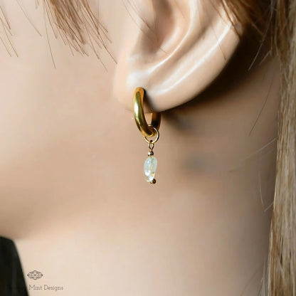 18K Gold Tiny Natural Stone Earrings, White Crystal Stone Earrings, Minimalist Dangle Earrings