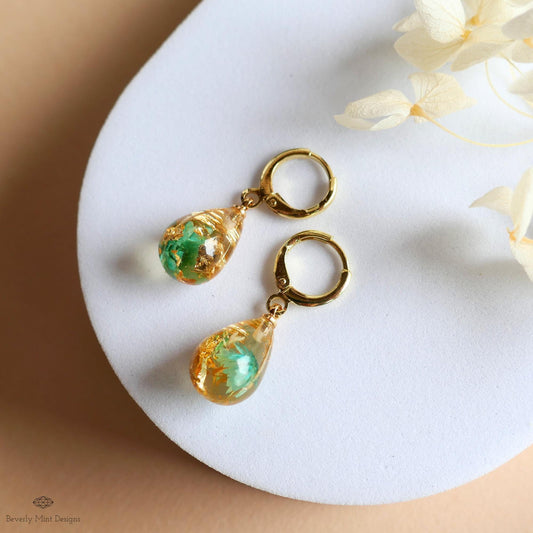 Pressed Flower Resin Earrings, Green Floral Drop Earrings, Gold Flake Jewelry, Nature Inspired Jewelry, Sensitive Ear & Clip-On Options