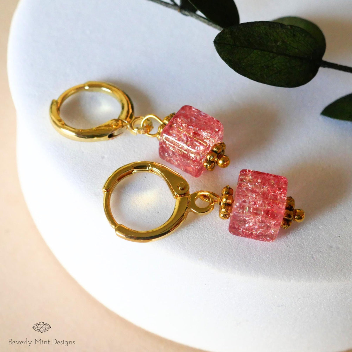 Gold Hoop Earrings, Red Pink Cubic Bead Earrings, Dangle Earrings, Minimalist Earrings, Light Weight, Sensitive Ear & Clip-On Options