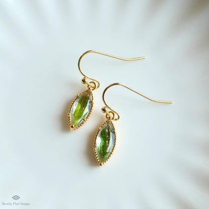 Green Drop Earrings Marquise Dangle Earrings Gold Hook Earrings Sparkly Minimal Jewelry Romantic, Sensitive Ear & Clip-On Options