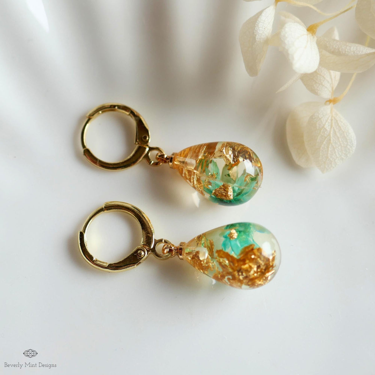 Pressed Flower Resin Earrings, Green Floral Drop Earrings, Gold Flake Jewelry, Nature Inspired Jewelry, Sensitive Ear & Clip-On Options