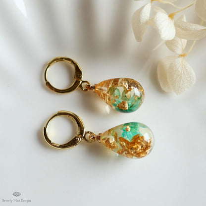 Pressed Flower Resin Earrings, Green Floral Drop Earrings, Gold Flake Jewelry, Nature Inspired Jewelry, Sensitive Ear & Clip-On Options