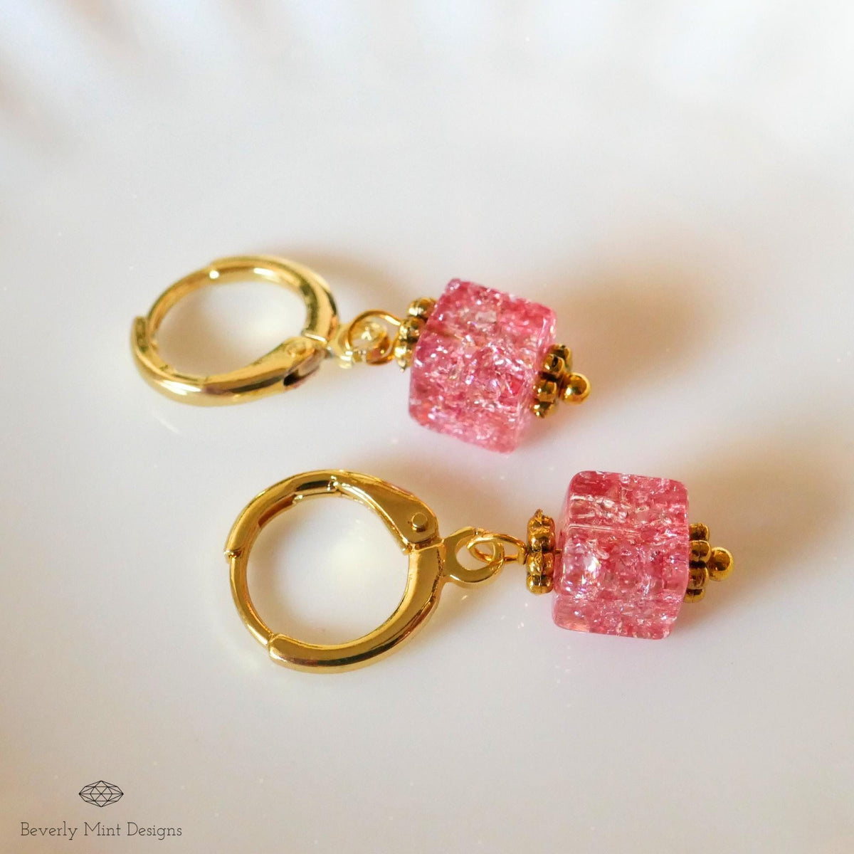Gold Hoop Earrings, Red Pink Cubic Bead Earrings, Dangle Earrings, Minimalist Earrings, Light Weight, Sensitive Ear & Clip-On Options