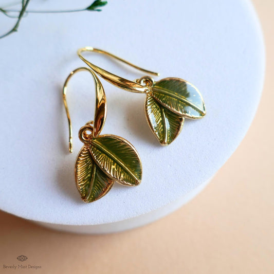 Green Leaf Earrings, Gold Botanical Dangle, Double Leaf Hook Earrings, Nature Inspired Jewelry, Garden, Sensitive Ear & Clip-On Options