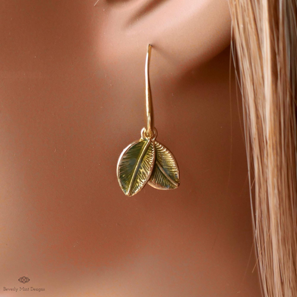 Green Leaf Earrings, Gold Botanical Dangle, Double Leaf Hook Earrings, Nature Inspired Jewelry, Garden, Sensitive Ear & Clip-On Options