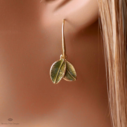 Green Leaf Earrings, Gold Botanical Dangle, Double Leaf Hook Earrings, Nature Inspired Jewelry, Garden, Sensitive Ear & Clip-On Options