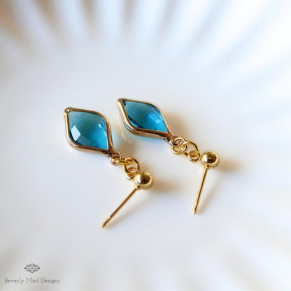 18K Gold Plated Blue Crystal Drop Earrings, Minimalist Glass Dangle Jewelry