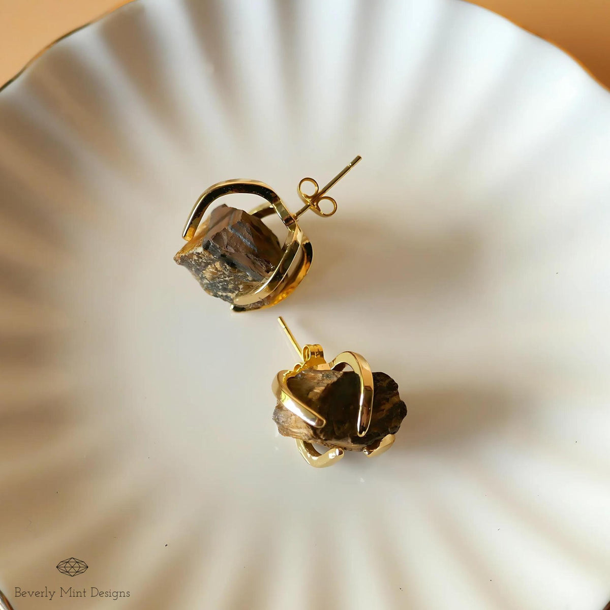 Tiger's Eye Stud Earrings with 18K Gold, Healing Stone Earrings,  1/2 -3/4 inches, Natural Raw Stone Earrings, Gift For Her, Chakra Stones