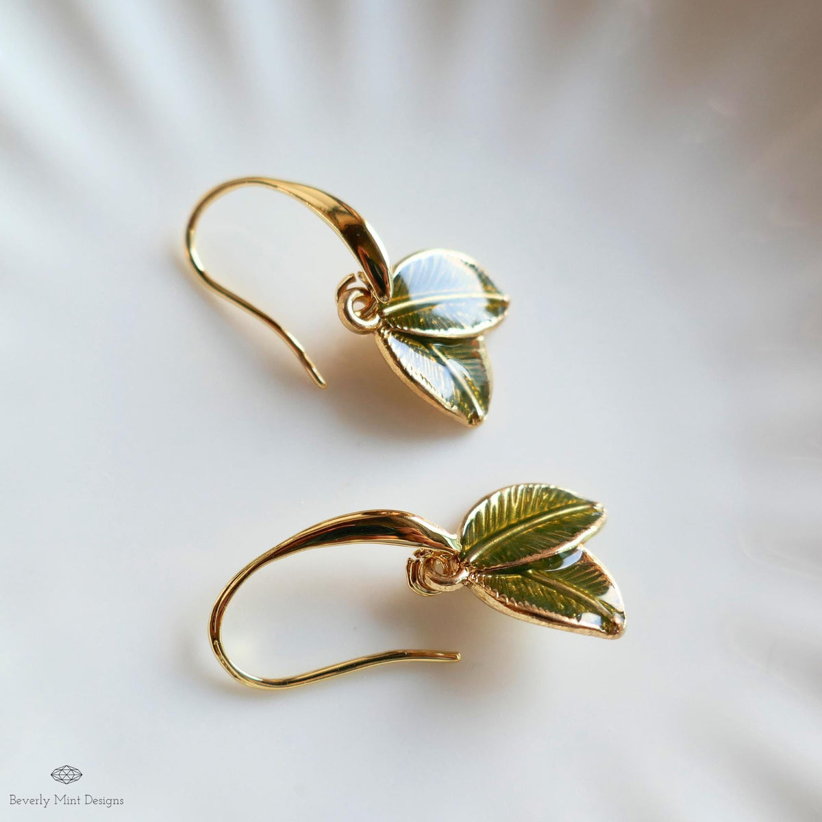 Green Leaf Earrings, Gold Botanical Dangle, Double Leaf Hook Earrings, Nature Inspired Jewelry, Garden, Sensitive Ear & Clip-On Options