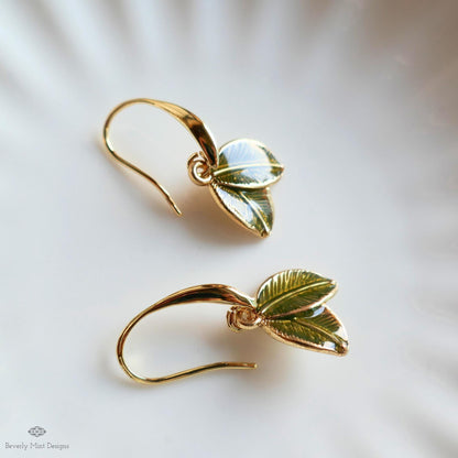 Green Leaf Earrings, Gold Botanical Dangle, Double Leaf Hook Earrings, Nature Inspired Jewelry, Garden, Sensitive Ear & Clip-On Options