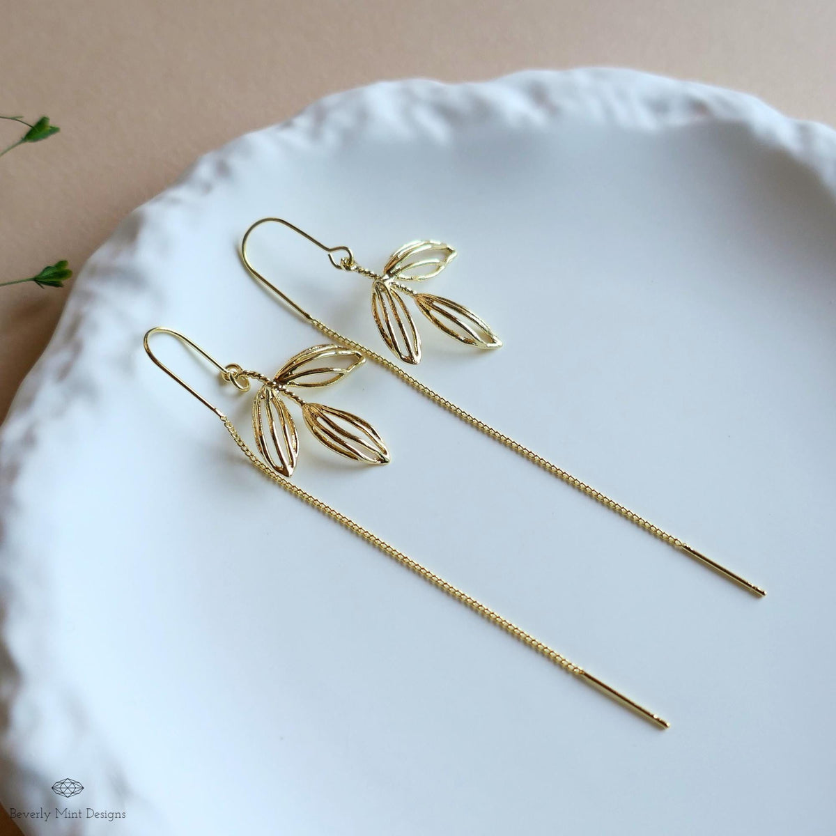 Gold Leaf Threader Earrings, Long Dangle Earrings, Lightweight Botanical Jewelry, Minimalist Drop Earrings, Sensitive Ear & Clip-On Options