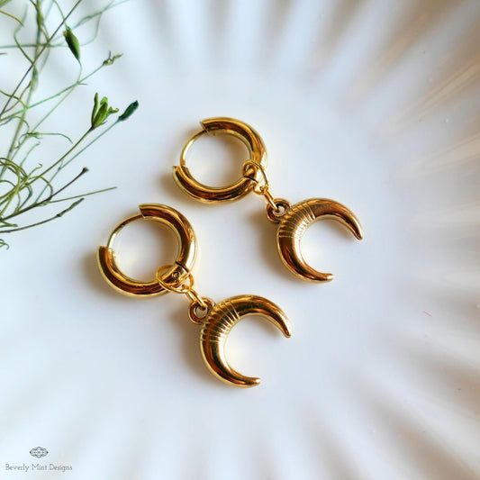 Gold Crescent Moon Hoop Earrings , Celestial Boho Earrings, Lunar Dangle Hoops, Witchy Gold Jewelry