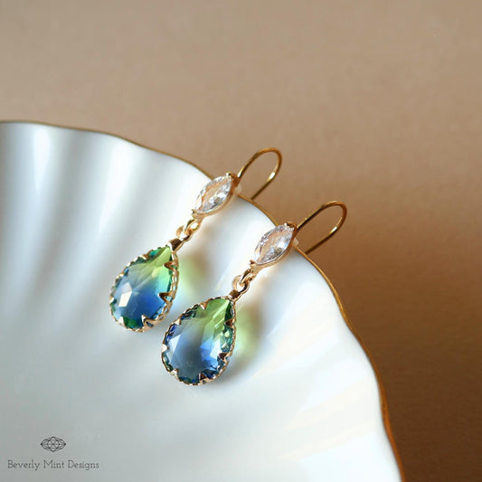 Blue and Green Teardrop Crystal Earrings, Blue Ombre Stone Drop Earrings, Elegant Teardrop Earrings with Cubic Zirconia Marquise Crystal
