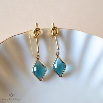 Blue Crystal Knot Drop Earrings , Gold Minimalist Dangle Earrings , Unique Handmade Jewelry for Women, Sensitive Ear & Clip-On Options