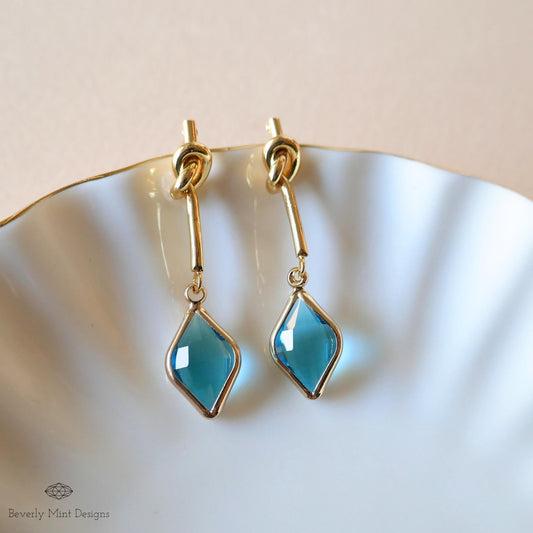 Blue Crystal Knot Drop Earrings , Gold Minimalist Dangle Earrings , Unique Handmade Jewelry for Women, Sensitive Ear & Clip-On Options