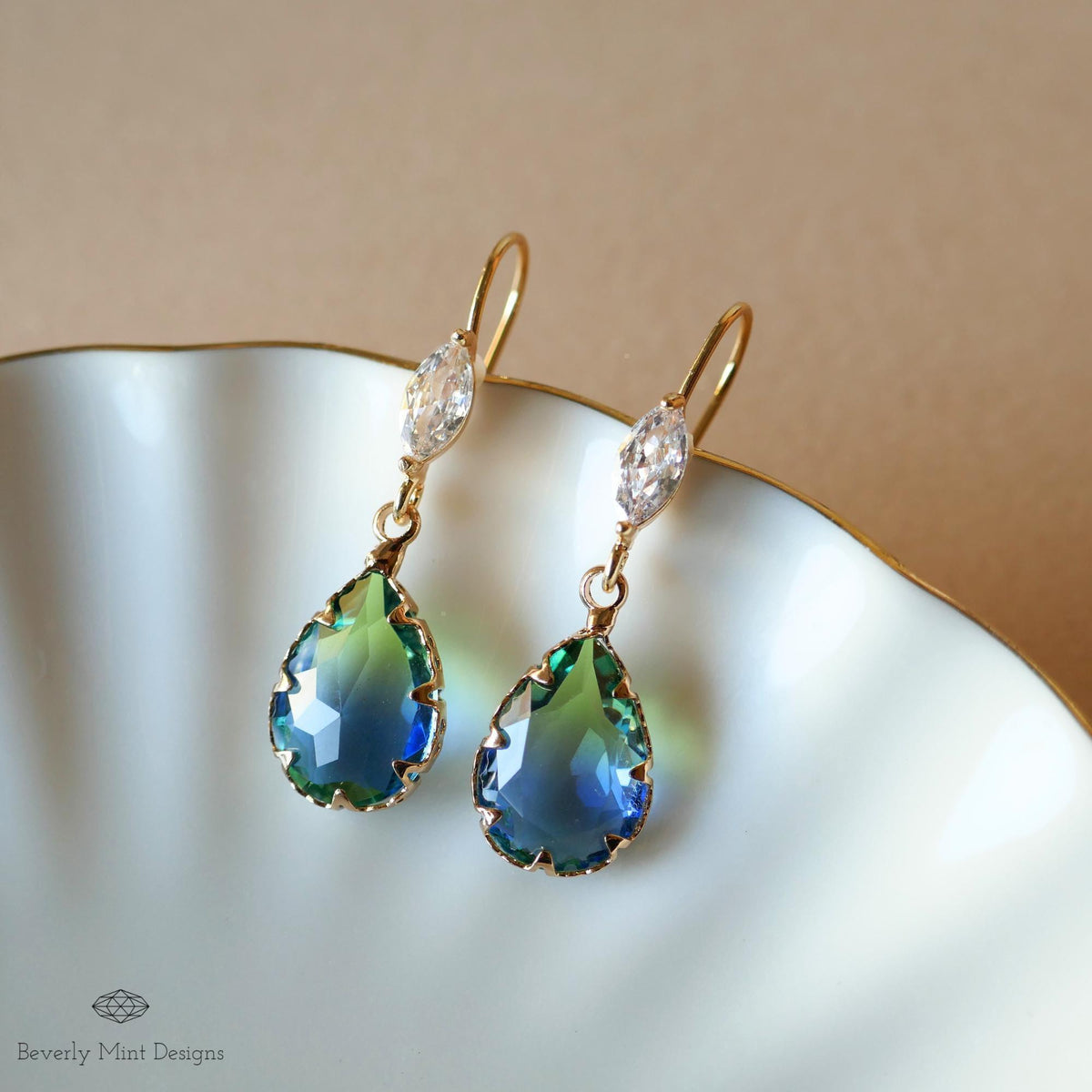 Blue and Green Teardrop Crystal Earrings, Blue Ombre Stone Drop Earrings, Elegant Teardrop Earrings with Cubic Zirconia Marquise Crystal