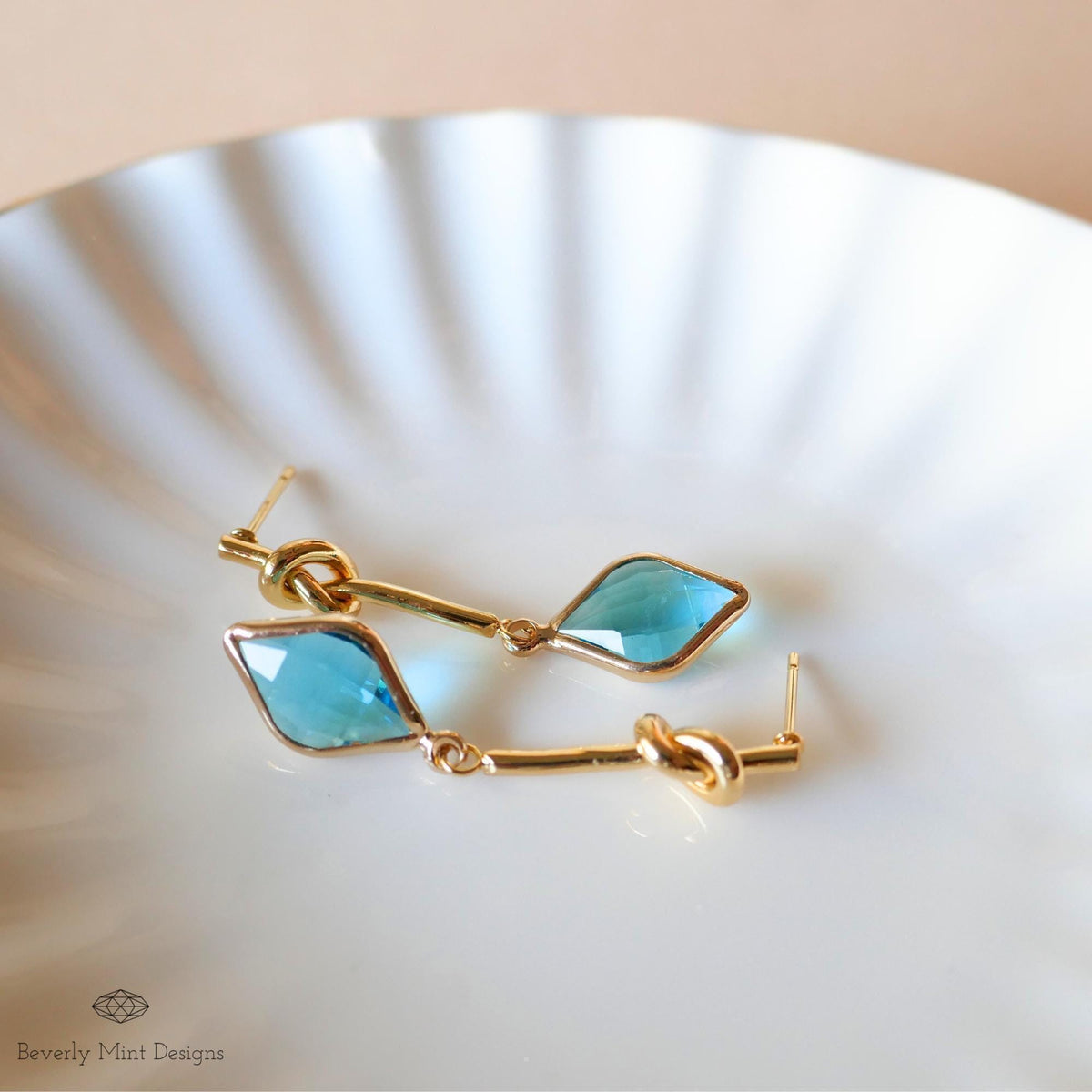 Blue Crystal Knot Drop Earrings , Gold Minimalist Dangle Earrings , Unique Handmade Jewelry for Women, Sensitive Ear & Clip-On Options