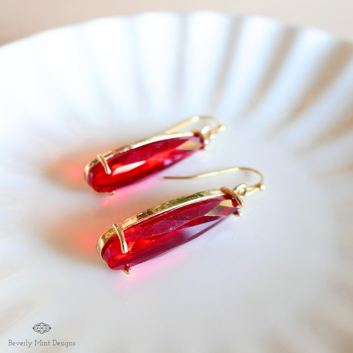 Red Drop Earrings ,Faceted Red Stone Earrings, Gold Dangle Earrings for Special Occasions, Sensitive Ear & Clip-On Options
