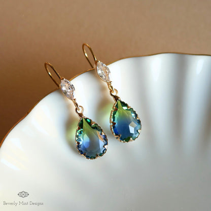 Blue and Green Teardrop Crystal Earrings, Blue Ombre Stone Drop Earrings, Elegant Teardrop Earrings with Cubic Zirconia Marquise Crystal