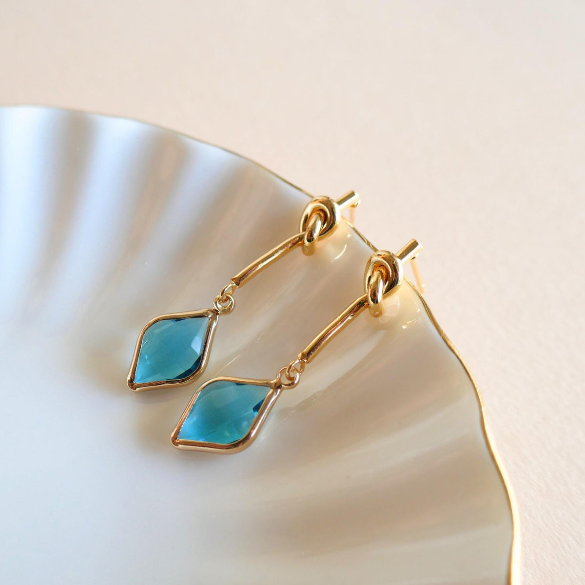 Blue Crystal Knot Drop Earrings , Gold Minimalist Dangle Earrings , Unique Handmade Jewelry for Women, Sensitive Ear & Clip-On Options