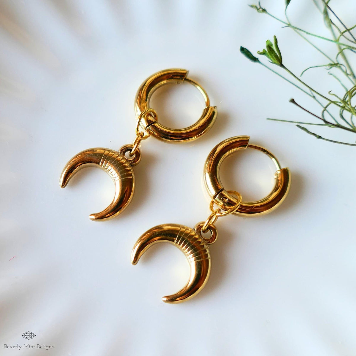 Gold Crescent Moon Hoop Earrings , Celestial Boho Earrings, Lunar Dangle Hoops, Witchy Gold Jewelry