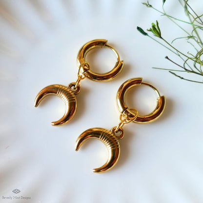 Gold Crescent Moon Hoop Earrings , Celestial Boho Earrings, Lunar Dangle Hoops, Witchy Gold Jewelry