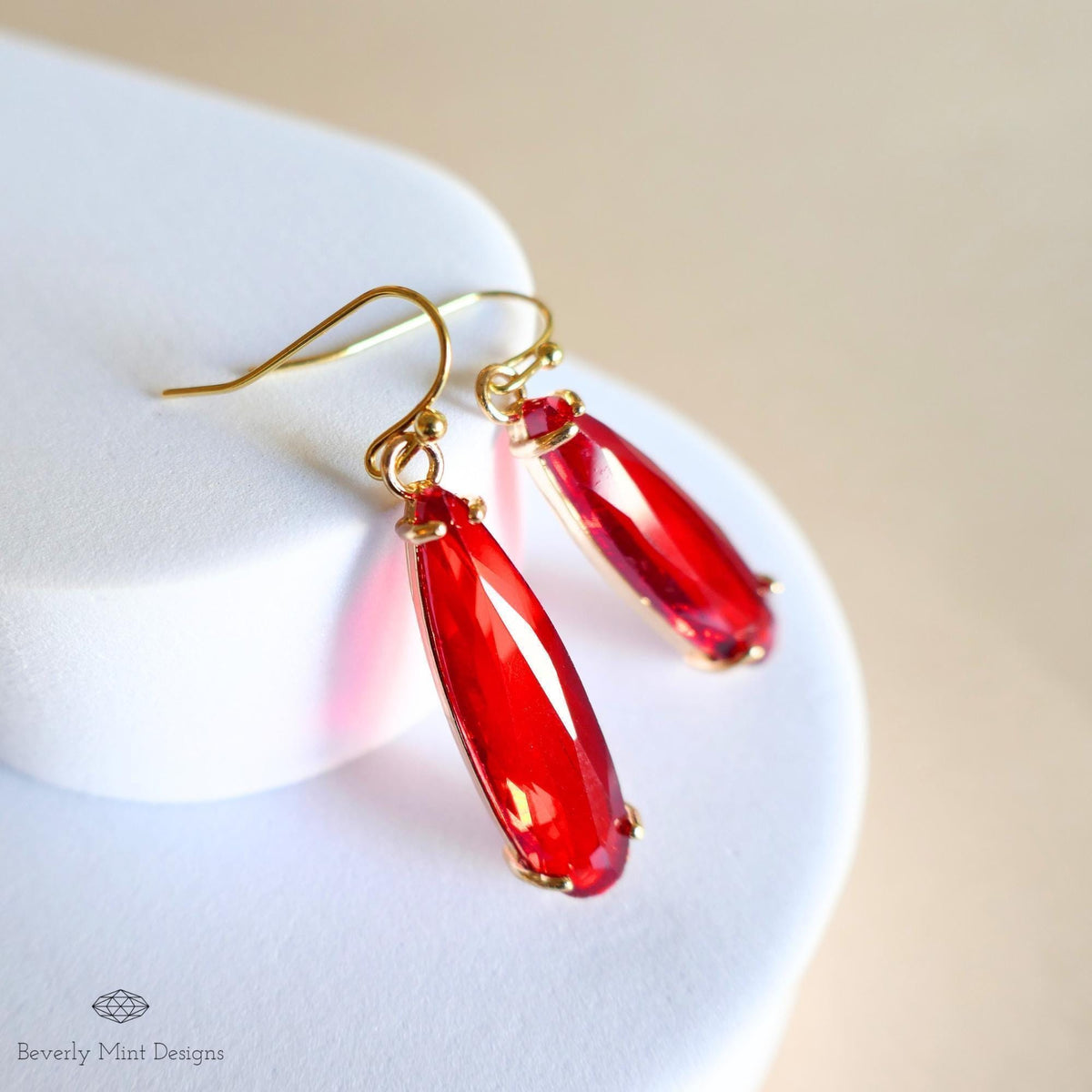 Red Drop Earrings ,Faceted Red Stone Earrings, Gold Dangle Earrings for Special Occasions, Sensitive Ear & Clip-On Options