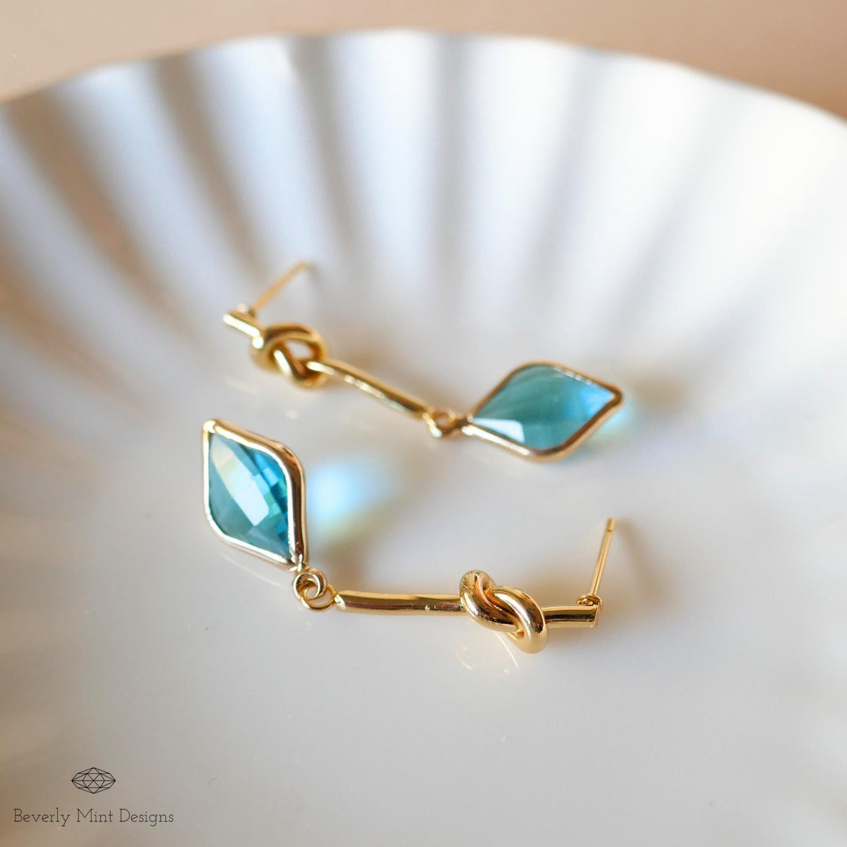 Blue Crystal Knot Drop Earrings , Gold Minimalist Dangle Earrings , Unique Handmade Jewelry for Women, Sensitive Ear & Clip-On Options