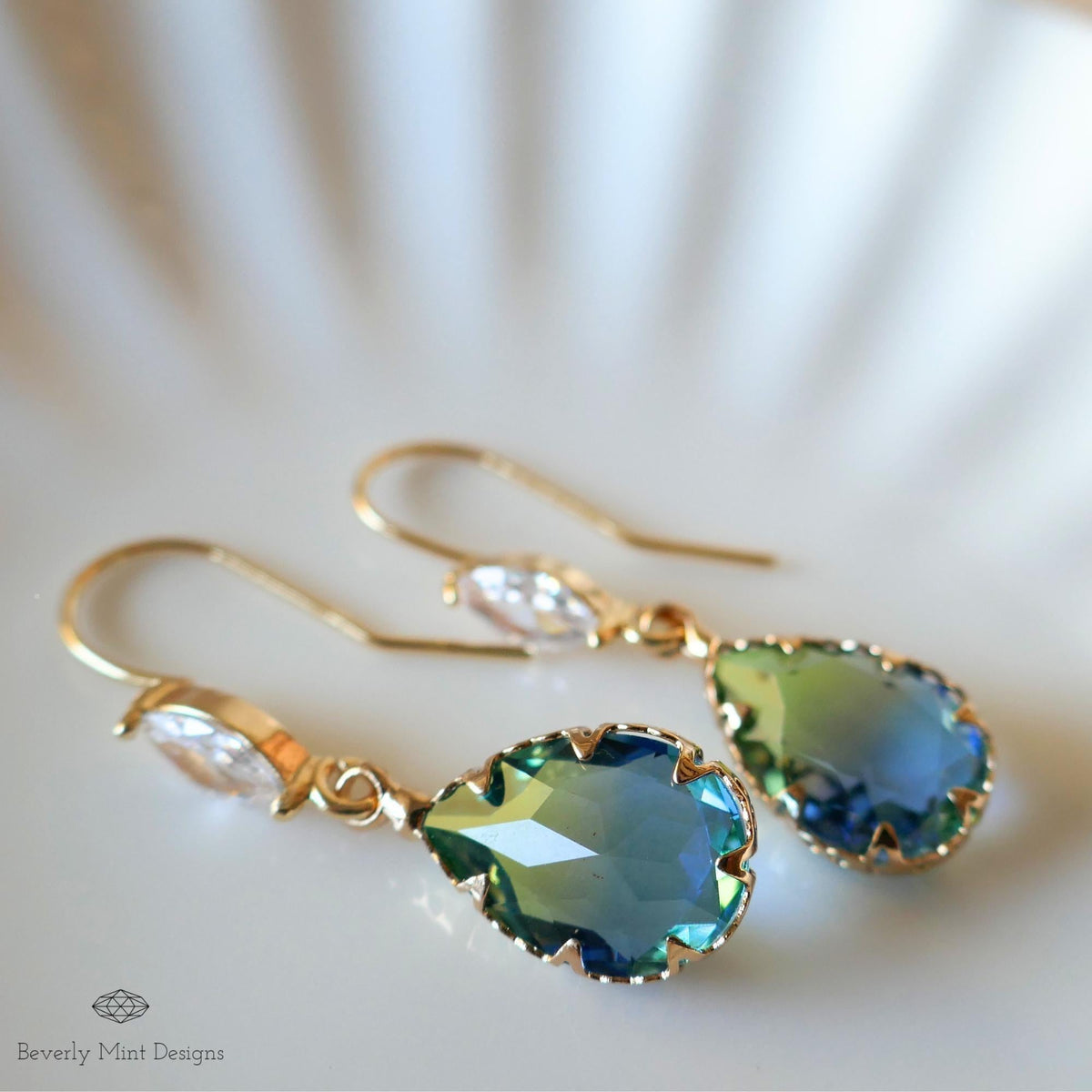 Blue and Green Teardrop Crystal Earrings, Blue Ombre Stone Drop Earrings, Elegant Teardrop Earrings with Cubic Zirconia Marquise Crystal