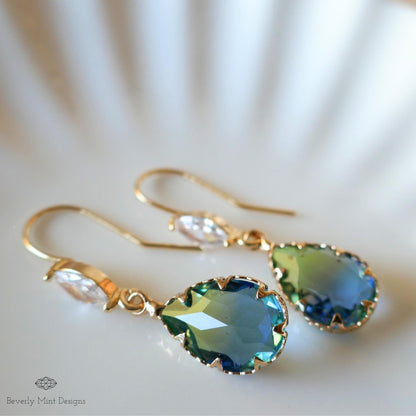 Blue and Green Teardrop Crystal Earrings, Blue Ombre Stone Drop Earrings, Elegant Teardrop Earrings with Cubic Zirconia Marquise Crystal
