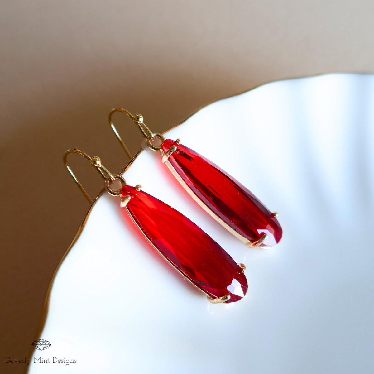 Red Drop Earrings ,Faceted Red Stone Earrings, Gold Dangle Earrings for Special Occasions, Sensitive Ear & Clip-On Options