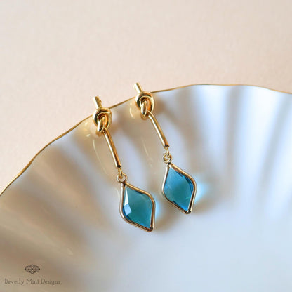 Blue Crystal Knot Drop Earrings , Gold Minimalist Dangle Earrings , Unique Handmade Jewelry for Women, Sensitive Ear & Clip-On Options