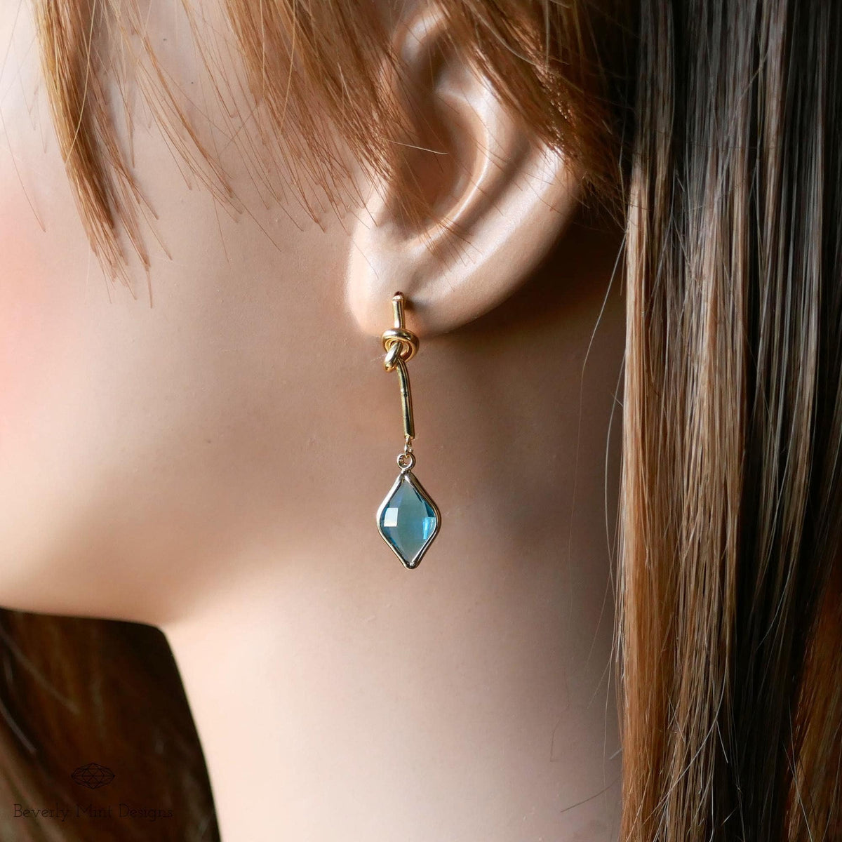 Blue Crystal Knot Drop Earrings , Gold Minimalist Dangle Earrings , Unique Handmade Jewelry for Women, Sensitive Ear & Clip-On Options
