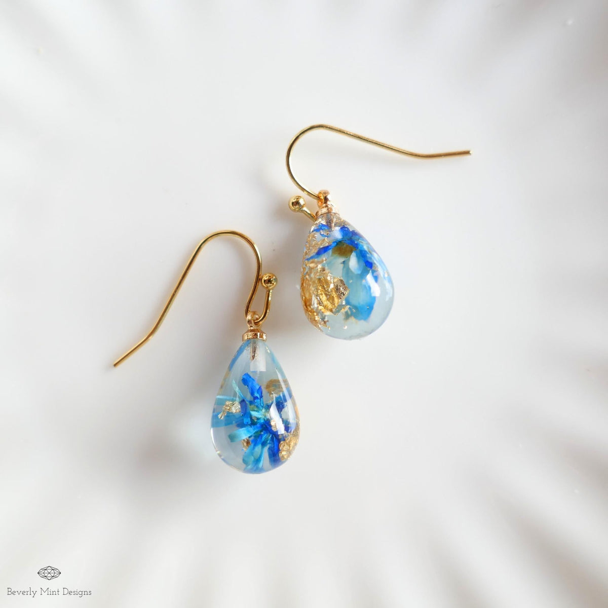 Blue Flower Resin Earrings Teardrop Dangle Blue Earrings Dry Flower Gold Hoop Botanical Jewelry Handmade, Sensitive Ear & Clip-On Options