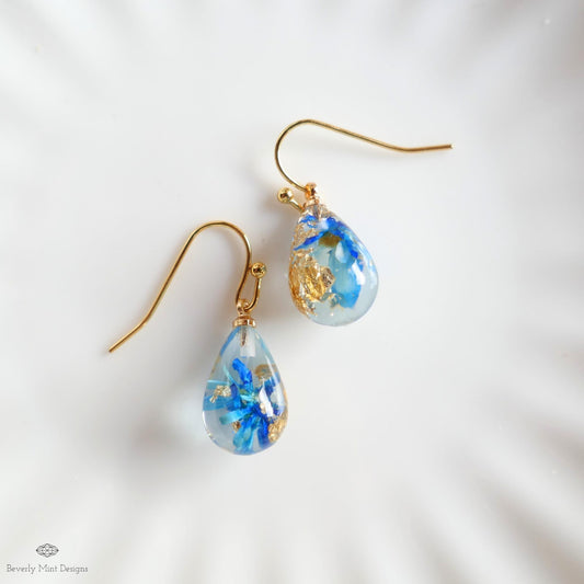 Blue Flower Resin Earrings Teardrop Dangle Blue Earrings Dry Flower Gold Hoop Botanical Jewelry Handmade, Sensitive Ear & Clip-On Options