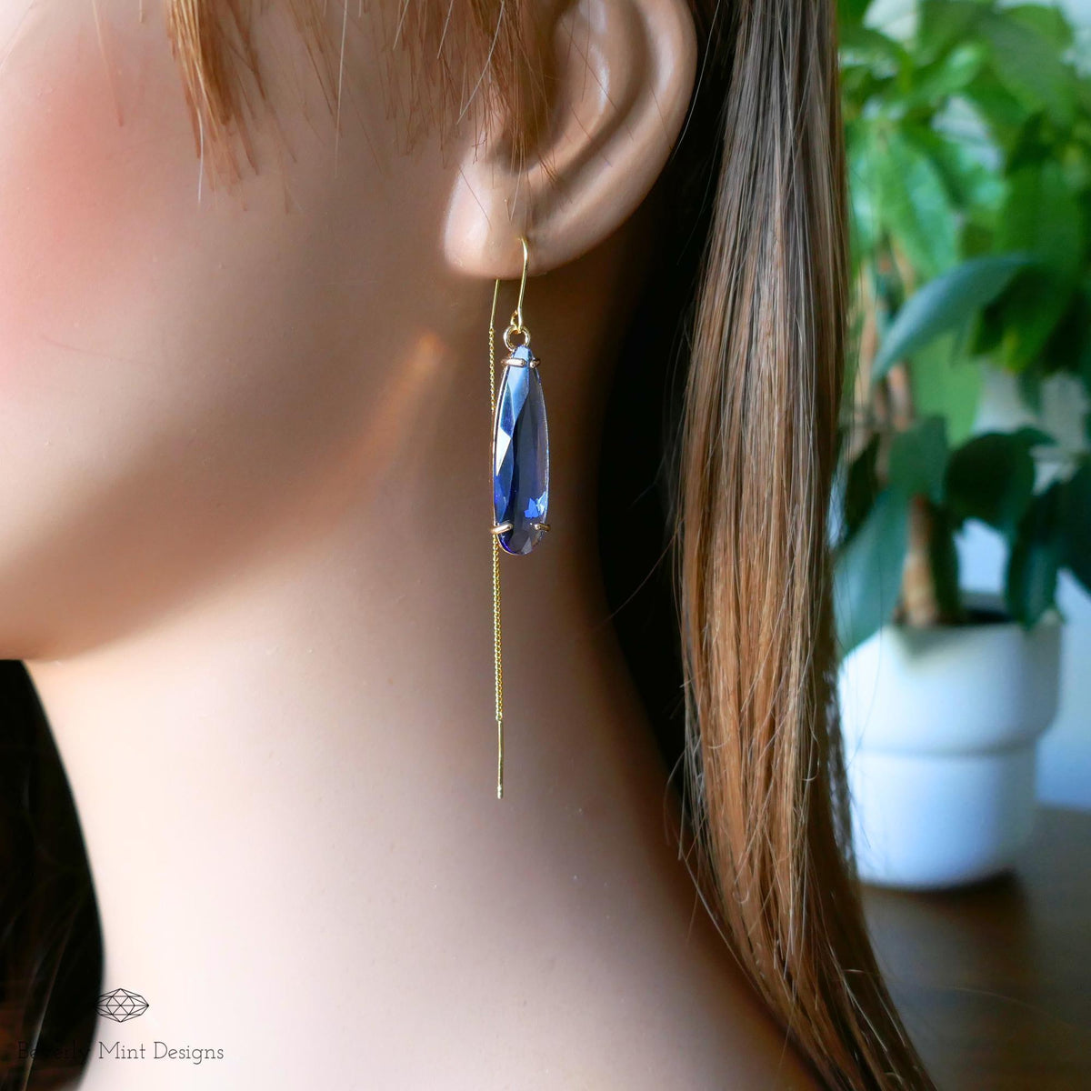 [Etsy 1802275654 image 2/7 id 7796680957] Blue Crystal Drop Threader Earrings ,Blue Statement Earrings ,Elegant Dangle Earrings for Women