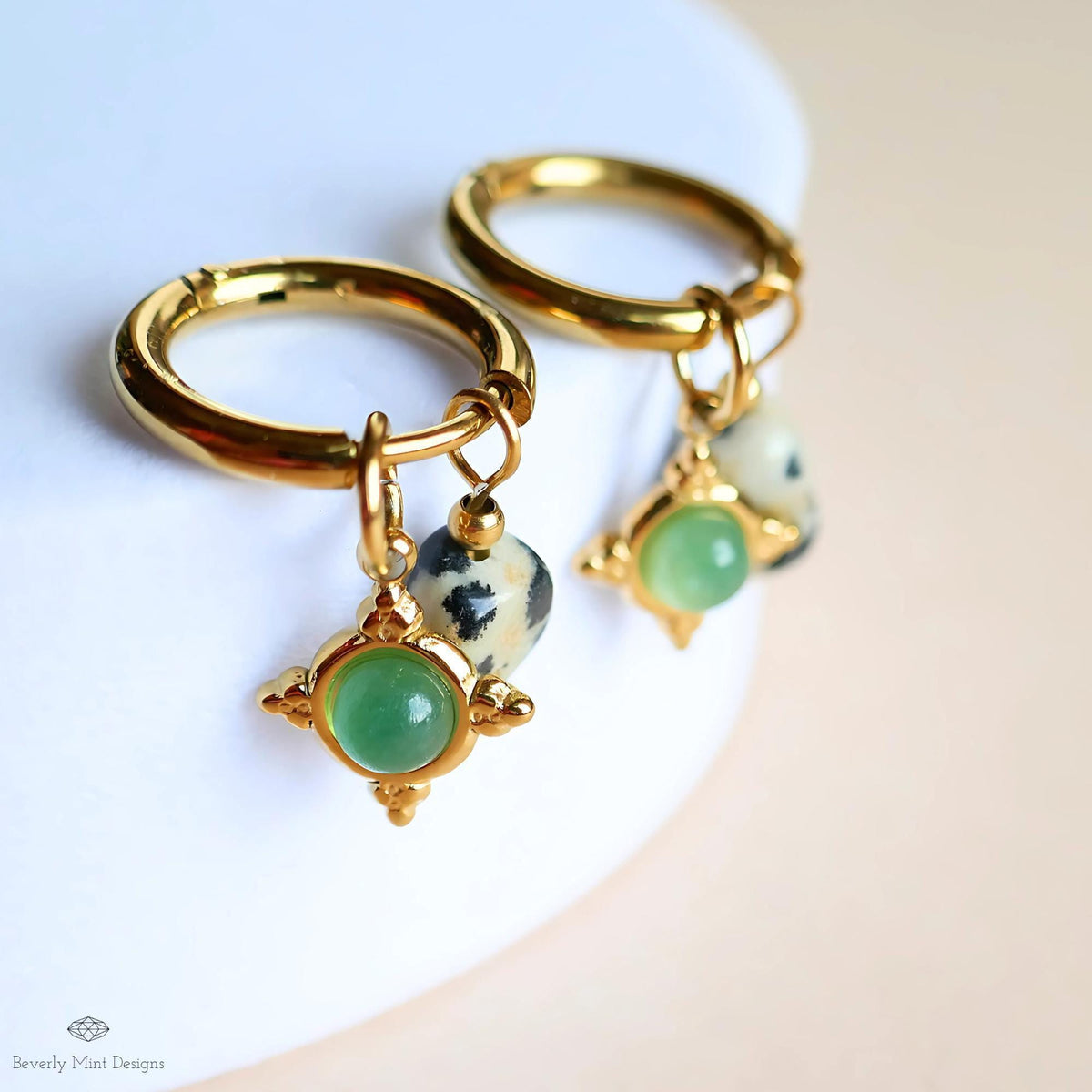 Dalmatian Jasper and Green Charm Hoops, Zebra Rock Jewelry, Gold Huggie Earrings, Dainty Drop Jewelry