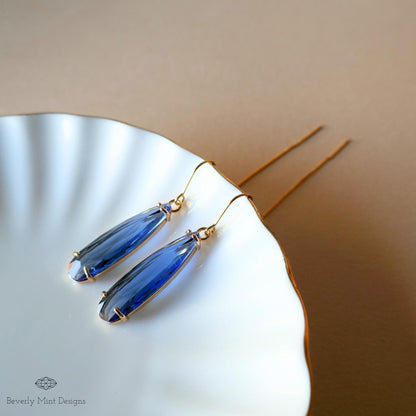 [Etsy 1802275654 image 3/7 id 7796681023] Blue Crystal Drop Threader Earrings ,Blue Statement Earrings ,Elegant Dangle Earrings for Women
