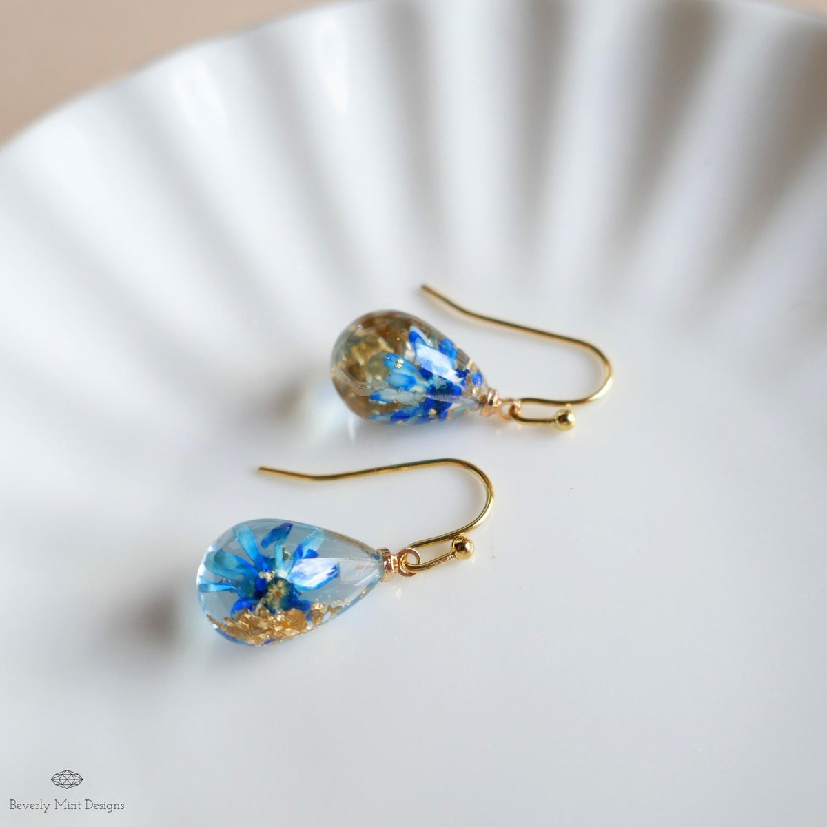 Blue Flower Resin Earrings Teardrop Dangle Blue Earrings Dry Flower Gold Hoop Botanical Jewelry Handmade, Sensitive Ear & Clip-On Options
